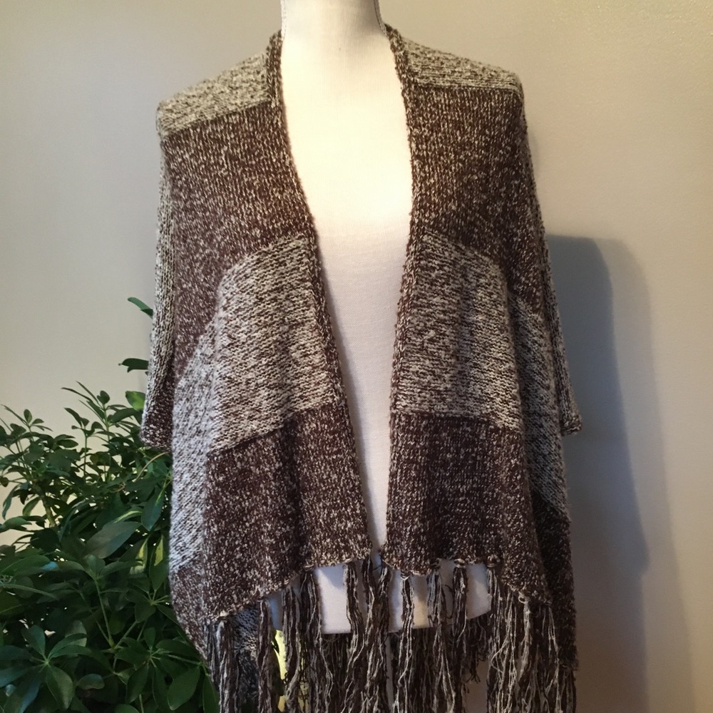 LOOK brown contrast wide stripe shawl wrap with fringe.